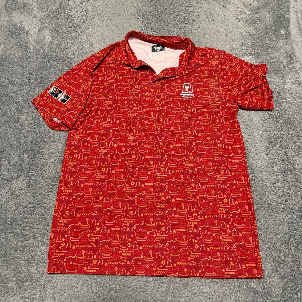 Waggle Polo Shirt Mens Medium Special Olympics Fishing Print Minnesota